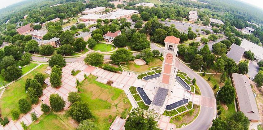 Arial shot of campus with tower